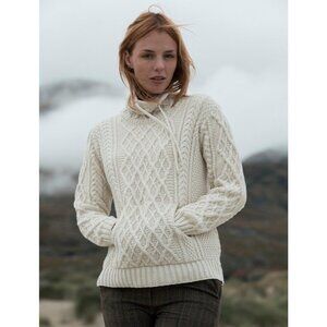 Aran Merino Wool Cableknit Pullover Kangaroo Pocket Sweater - Small 🇮🇪